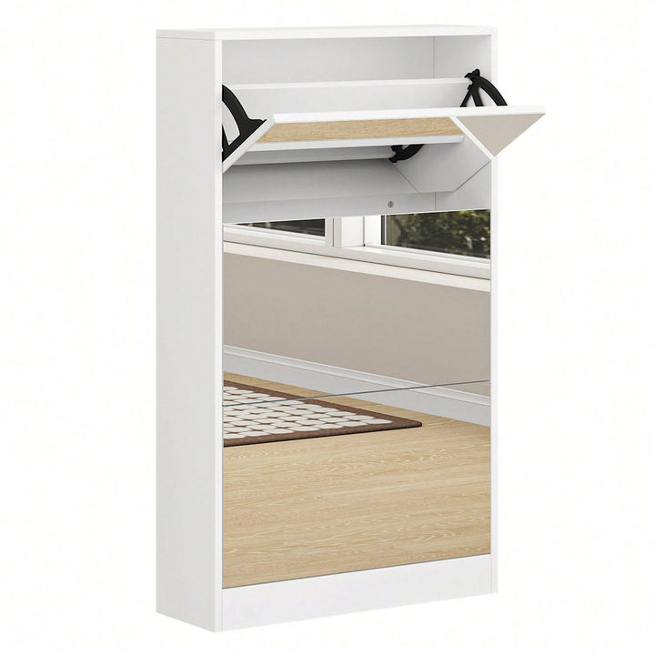 Sleek Shoe Cabinet With Mirror And 3 Flip Drawers For Stylish Entryway Storage Image 2