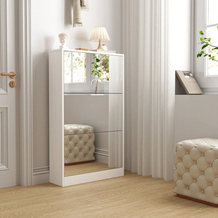 Sleek Shoe Cabinet With Mirror And 3 Flip Drawers For Stylish Entryway Storage Image 3