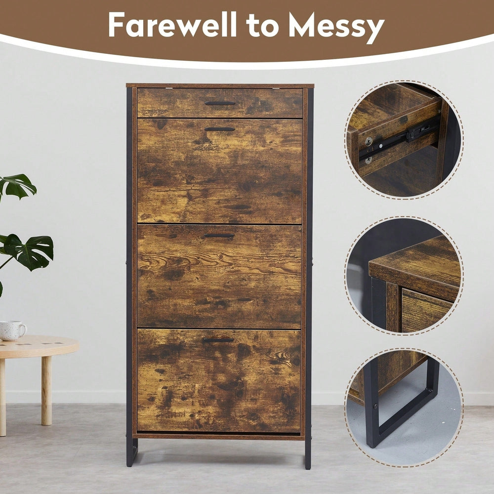 Slim Freestanding Shoe Storage Cabinet With 3 Flip Drawers And Metal Handle For Entryway And Living Room In Rustic Brown Image 2