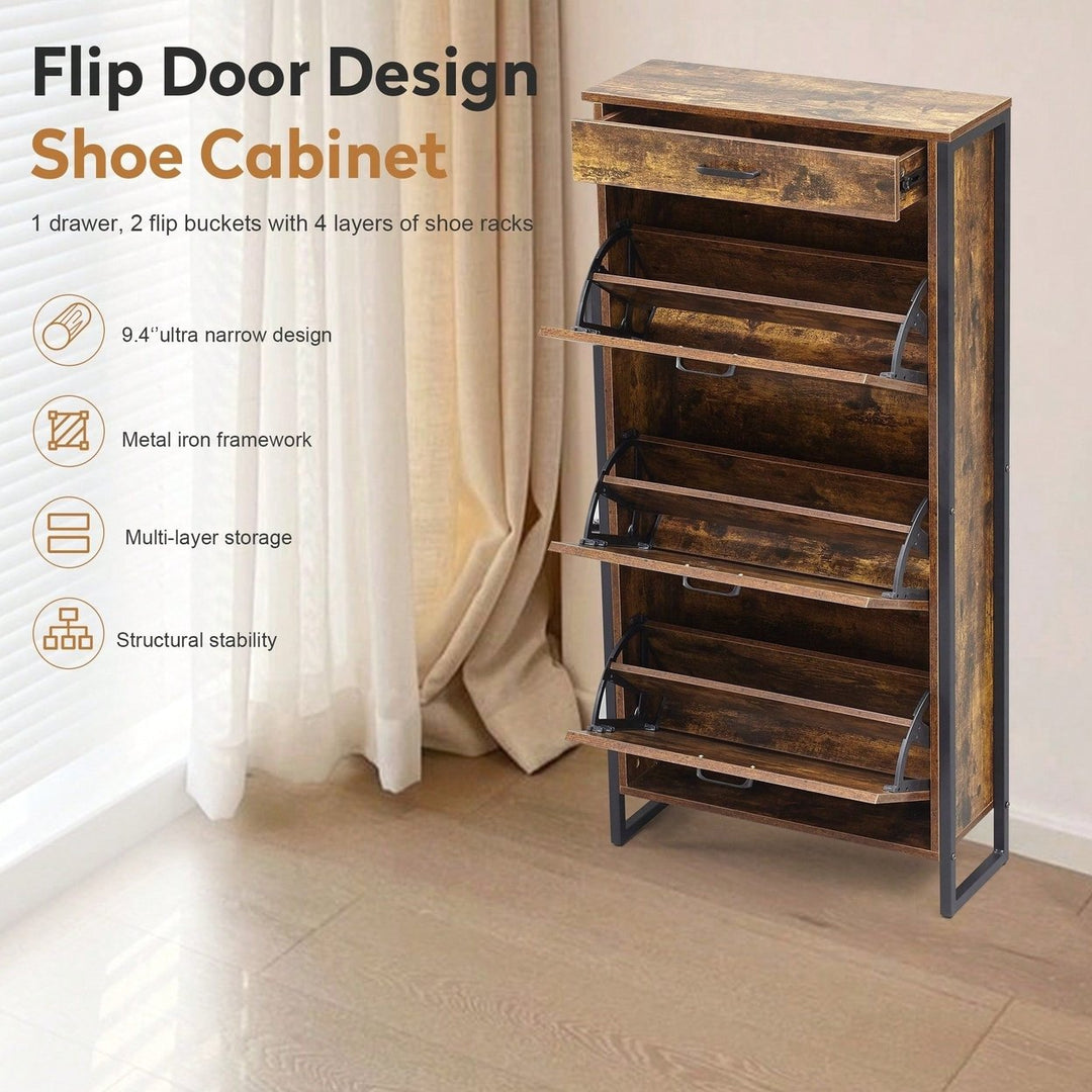 Slim Freestanding Shoe Storage Cabinet With 3 Flip Drawers And Metal Handle For Entryway And Living Room In Rustic Brown Image 3