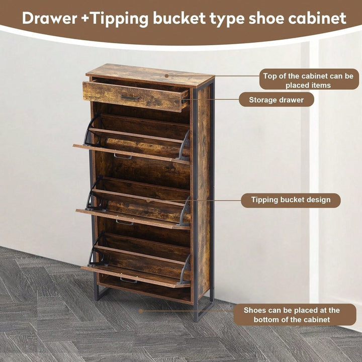 Slim Freestanding Shoe Storage Cabinet With 3 Flip Drawers And Metal Handle For Entryway And Living Room In Rustic Brown Image 4