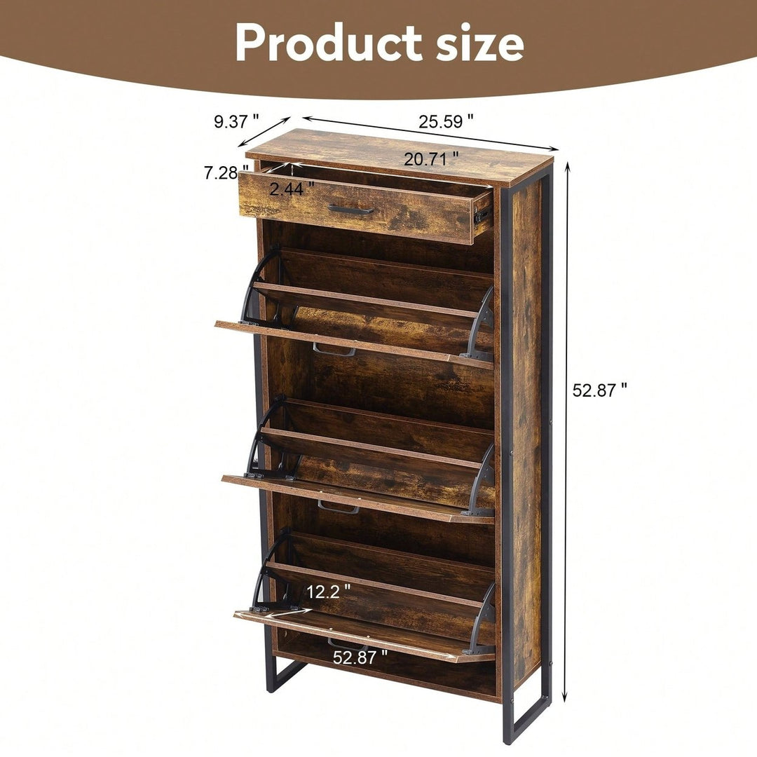 Slim Freestanding Shoe Storage Cabinet With 3 Flip Drawers And Metal Handle For Entryway And Living Room In Rustic Brown Image 5