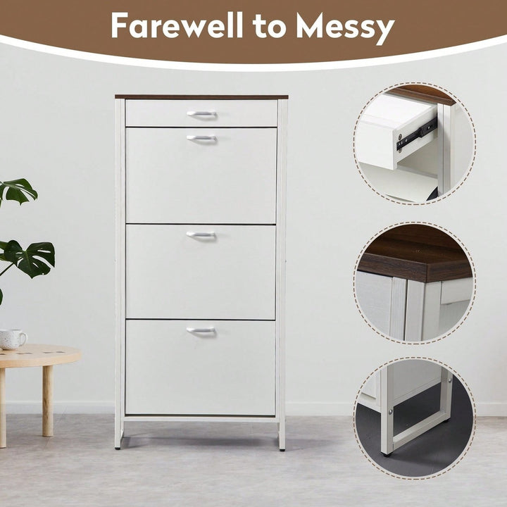 Slim Shoe Storage Cabinet with 3 Flip Drawers and 1 Drawer for Entryway Hallway Narrow Organizer White Walnut Finish Image 2