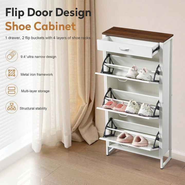 Slim Shoe Storage Cabinet with 3 Flip Drawers and 1 Drawer for Entryway Hallway Narrow Organizer White Walnut Finish Image 3