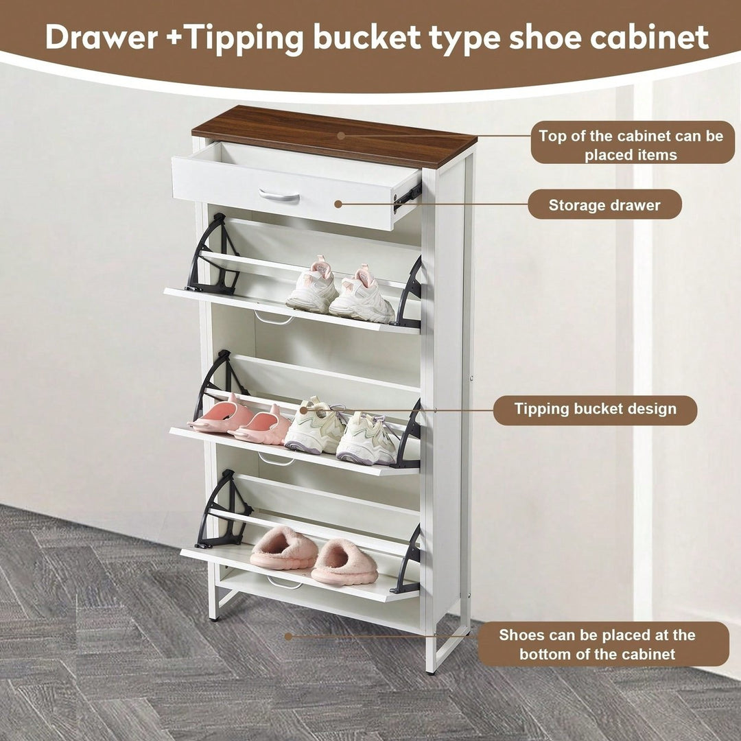 Slim Shoe Storage Cabinet with 3 Flip Drawers and 1 Drawer for Entryway Hallway Narrow Organizer White Walnut Finish Image 4