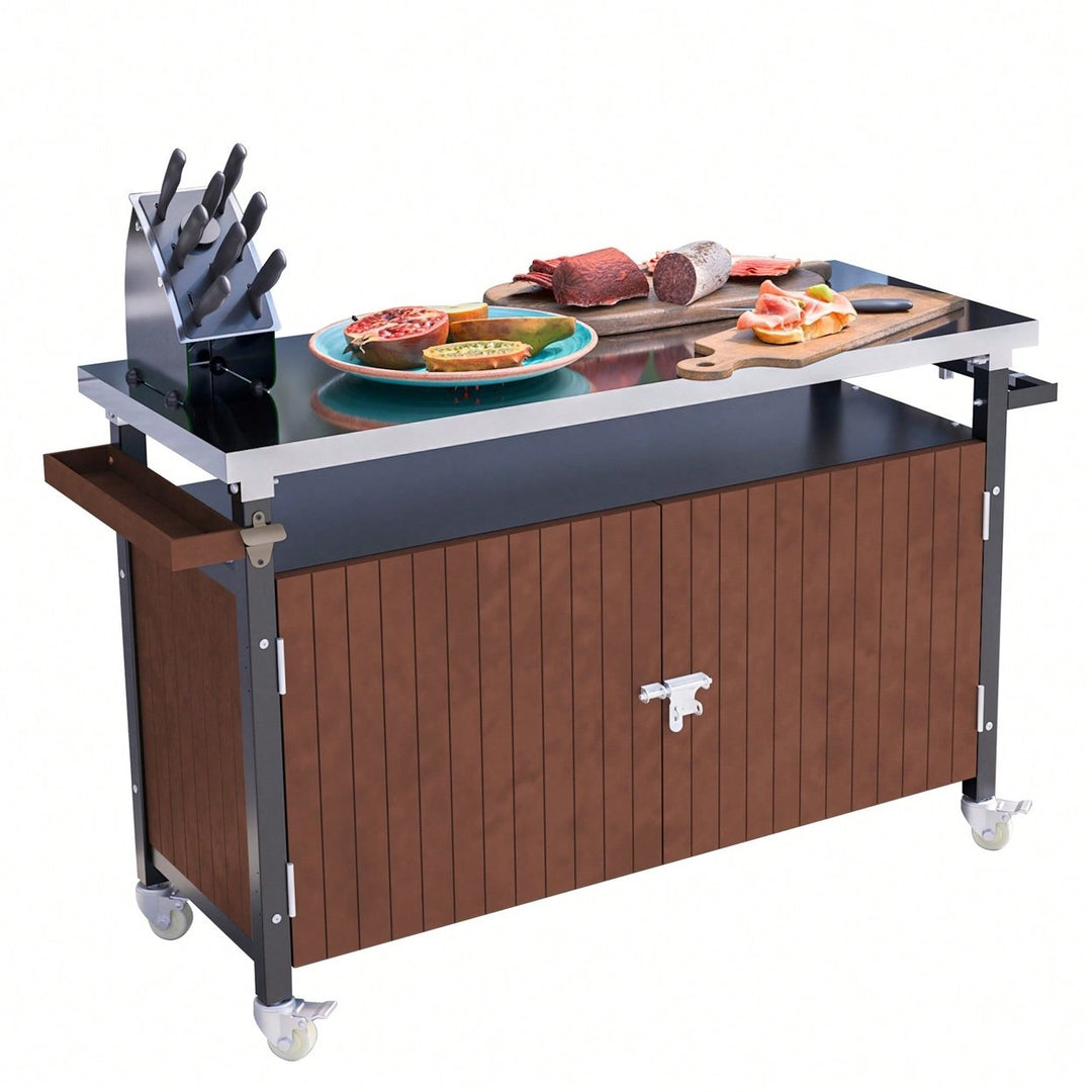 Stainless Steel Outdoor Grill Cart With Wheels, Storage, Hooks, And Spice Rack For BBQ And Patio Kitchen Island Image 2