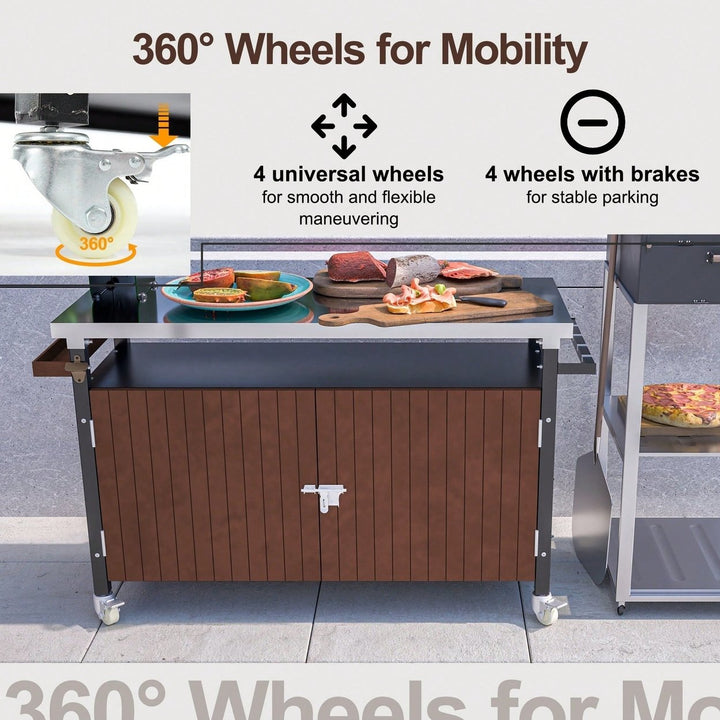 Stainless Steel Outdoor Grill Cart With Wheels, Storage, Hooks, And Spice Rack For BBQ And Patio Kitchen Island Image 8