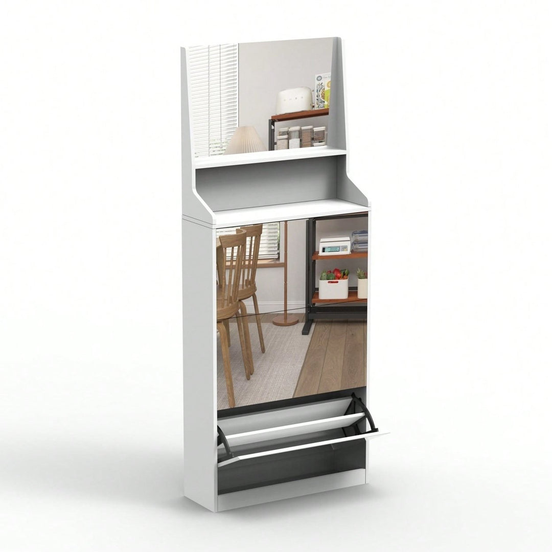 Stylish Vertical Shoe Storage Cabinet With 3 Mirrors For Entryway And Bedroom In White Finish Image 5