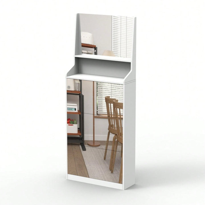 Stylish Vertical Shoe Storage Cabinet With 3 Mirrors For Entryway And Bedroom In White Finish Image 8