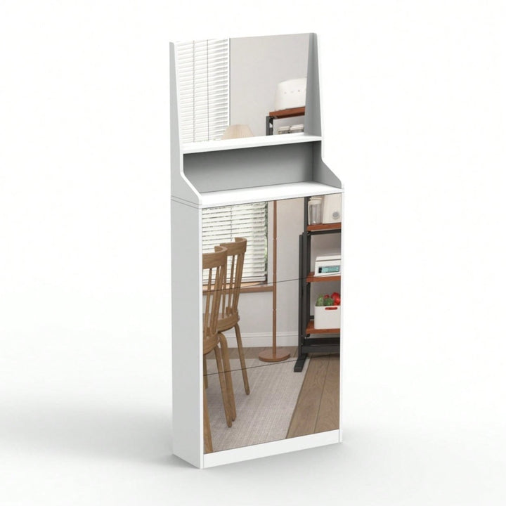 Stylish Vertical Shoe Storage Cabinet With 3 Mirrors For Entryway And Bedroom In White Finish Image 9