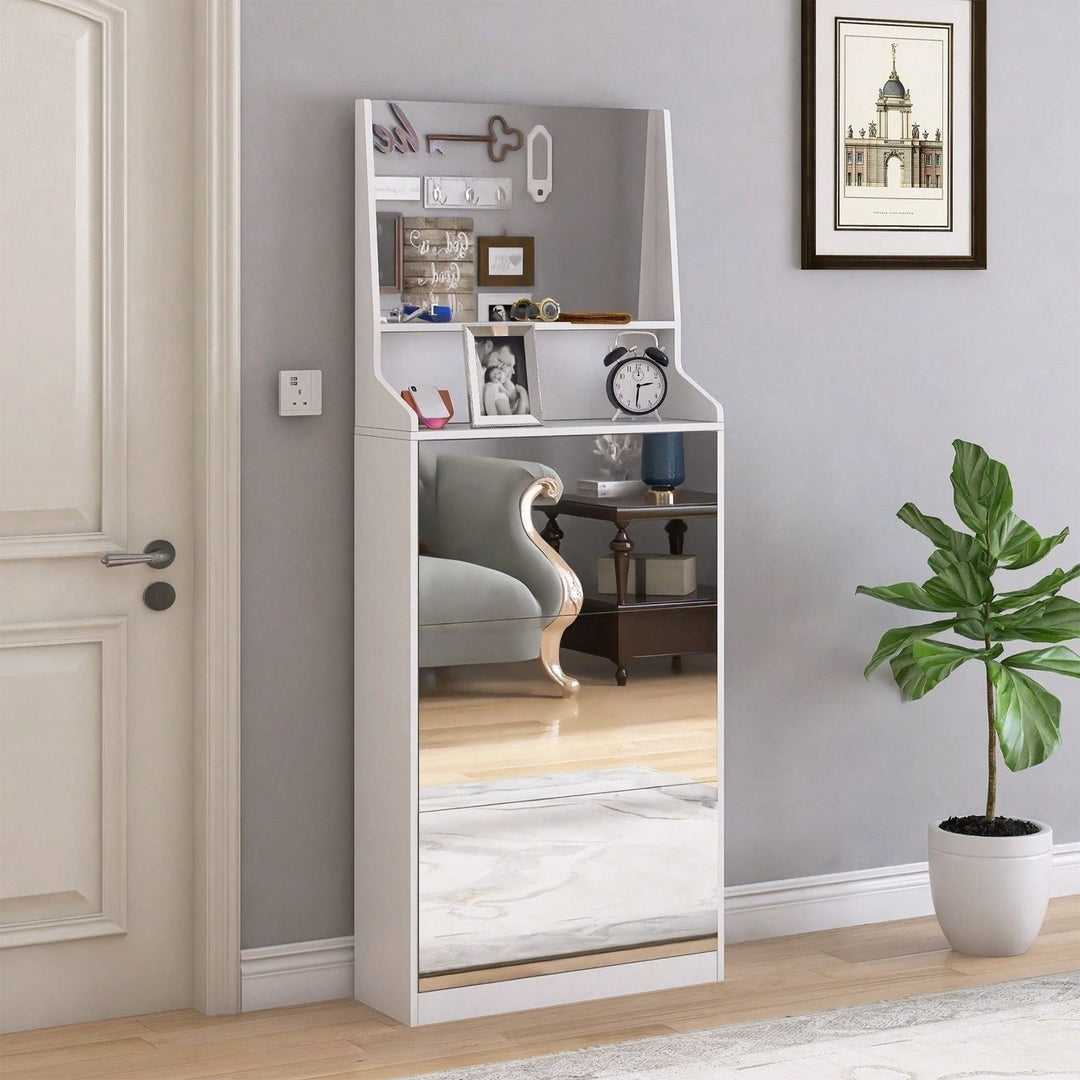 Stylish Vertical Shoe Storage Cabinet With 3 Mirrors For Entryway And Bedroom In White Finish Image 11