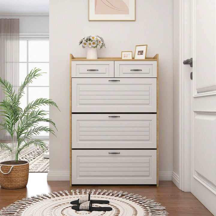 Stylish White Oak Shoe Cabinet With 3 Doors And 2 Drawers For Ample Storage Space Image 2