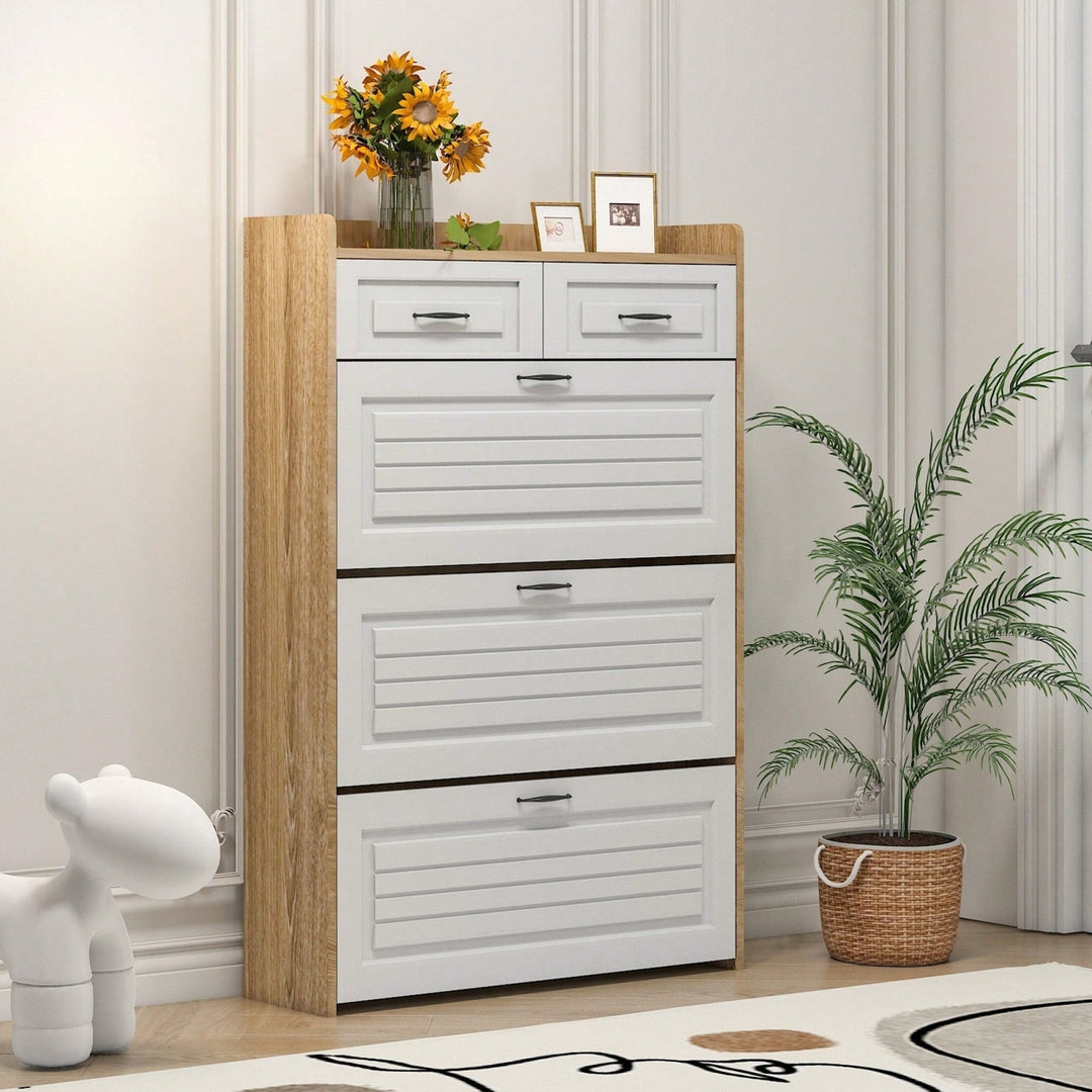 Stylish White Oak Shoe Cabinet With 3 Doors And 2 Drawers For Ample Storage Space Image 3