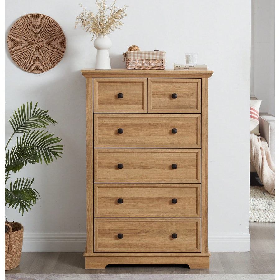 Tall 6 Drawer Dresser Cabinet For Closet Organization And Storage Solutions In Oak Finish Image 1