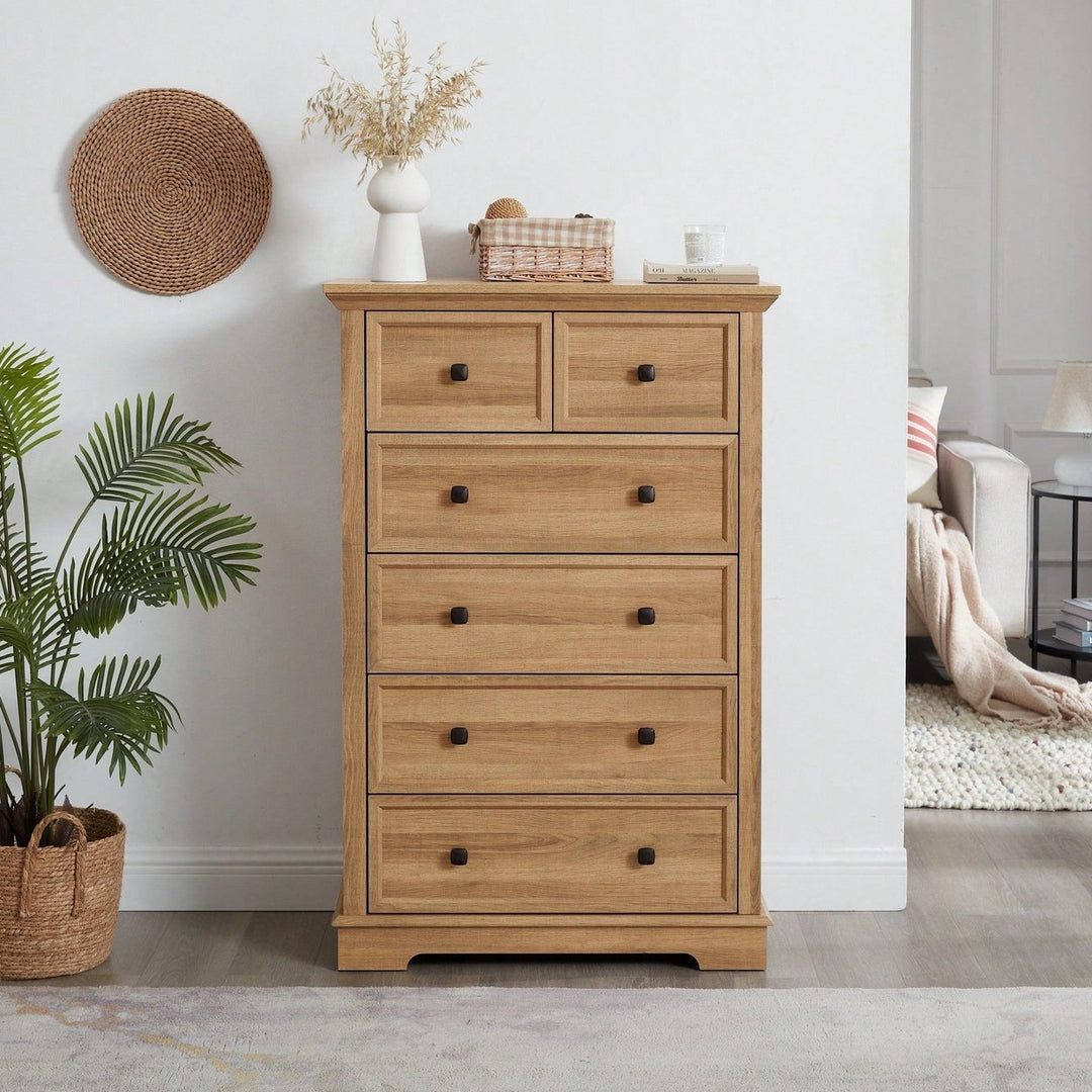 Tall 6 Drawer Dresser Cabinet For Closet Organization And Storage Solutions In Oak Finish Image 3