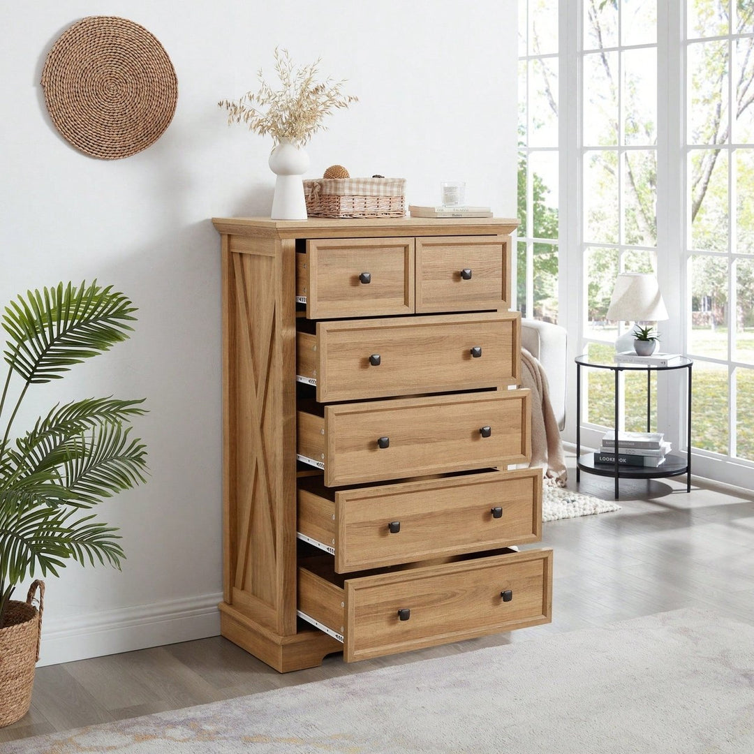 Tall 6 Drawer Dresser Cabinet For Closet Organization And Storage Solutions In Oak Finish Image 4