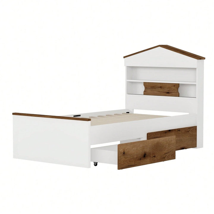 Twin House-Shaped Wooden Bed With Headboard Storage Shelf And Two Built-In Drawers In Brown Image 5