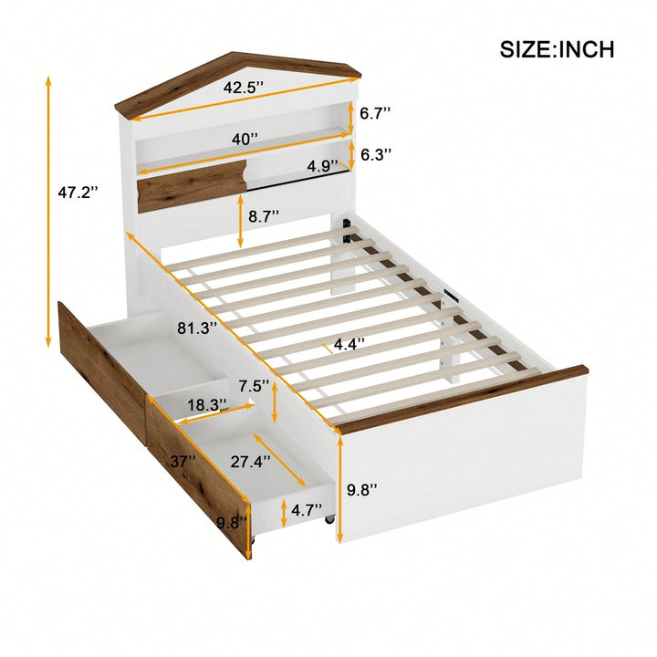 Twin House-Shaped Wooden Bed With Headboard Storage Shelf And Two Built-In Drawers In Brown Image 8