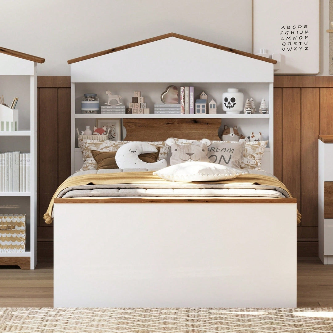 Twin House-Shaped Wooden Bed With Headboard Storage Shelf And Two Built-In Drawers In Brown Image 9