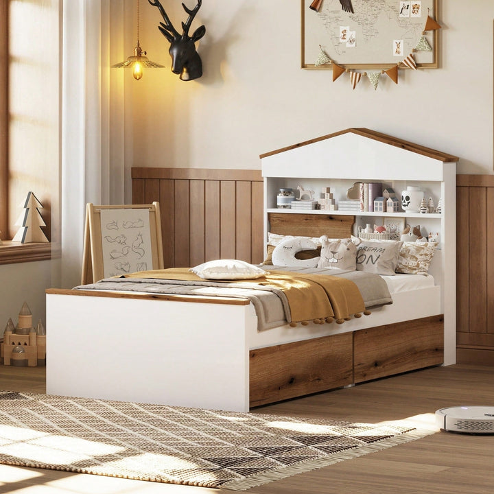 Twin House-Shaped Wooden Bed With Headboard Storage Shelf And Two Built-In Drawers In Brown Image 10