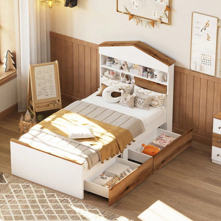 Twin House-Shaped Wooden Bed With Headboard Storage Shelf And Two Built-In Drawers In Brown Image 11