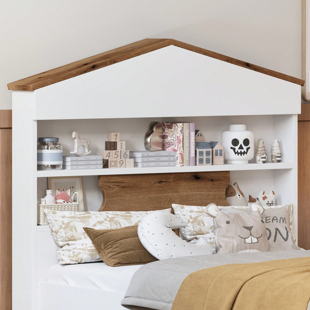 Twin House-Shaped Wooden Bed With Headboard Storage Shelf And Two Built-In Drawers In Brown Image 12