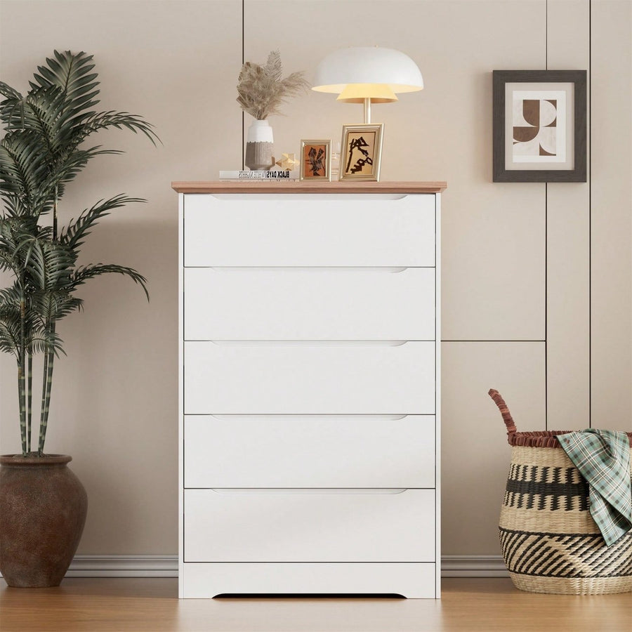 Stylish 5 Drawer Dresser For Bedroom And Living Room With Hidden Handle Design In White And Brown Finish Image 1