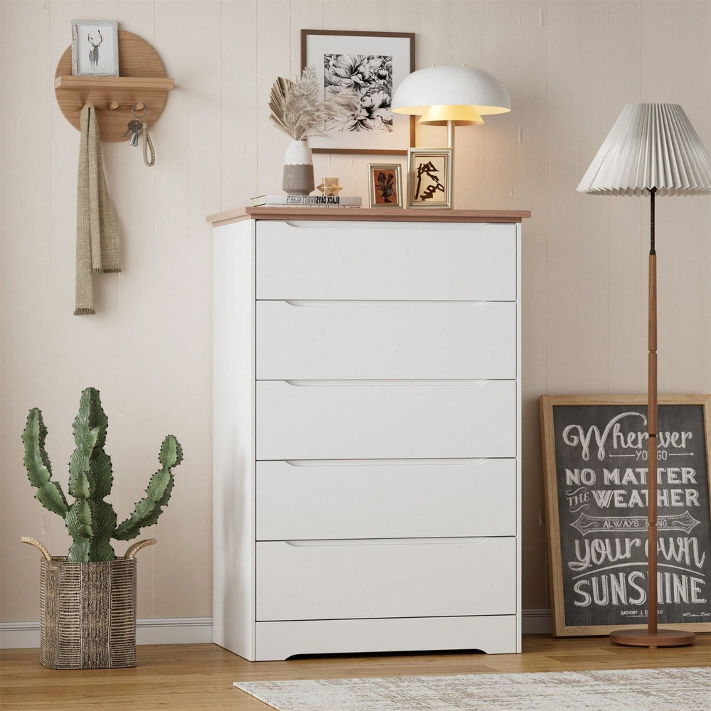 Stylish 5 Drawer Dresser For Bedroom And Living Room With Hidden Handle Design In White And Brown Finish Image 2