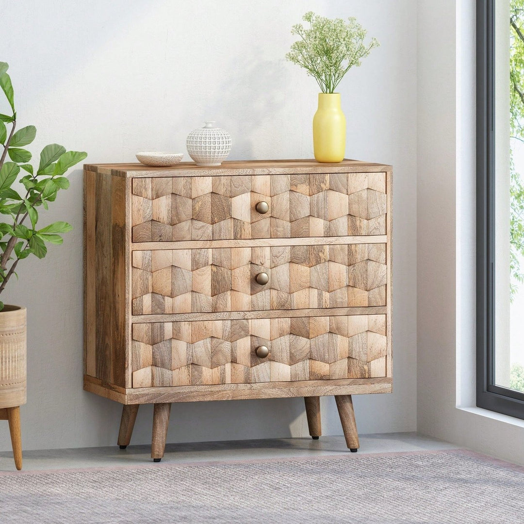 Stylish Mid-Century Modern Mango Wood 3 Drawer Storage Chest For Image 9