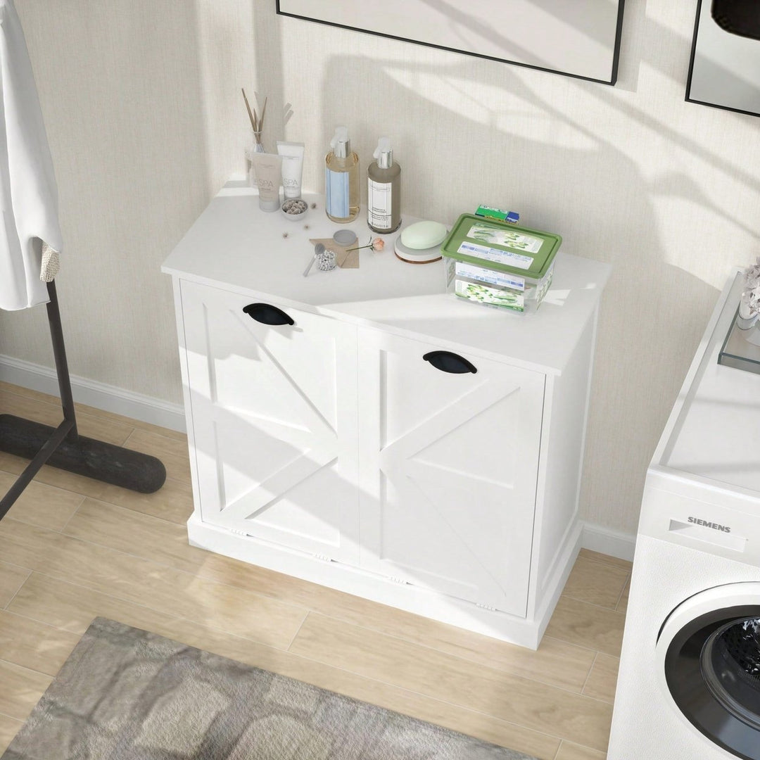 White Two-Compartment Tilt-Out Laundry Sorter Cabinet For Efficient Organization Image 4