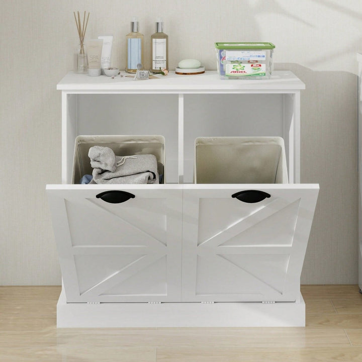 White Two-Compartment Tilt-Out Laundry Sorter Cabinet For Efficient Organization Image 6