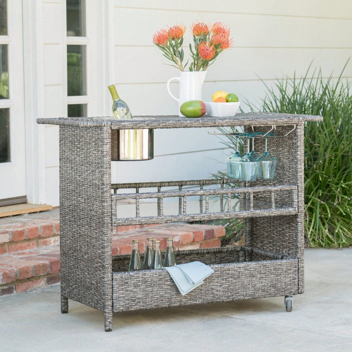 Wicker Bar Cart With Wheels For Outdoor And Indoor Entertaining Image 8