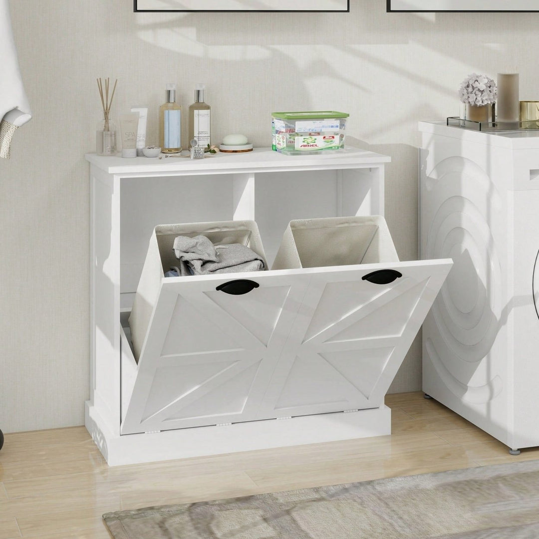 White Two-Compartment Tilt-Out Laundry Sorter Cabinet For Efficient Organization Image 7