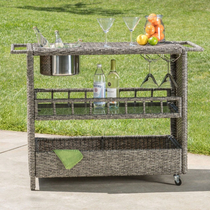 Wicker Bar Cart With Wheels For Outdoor And Indoor Entertaining Image 9