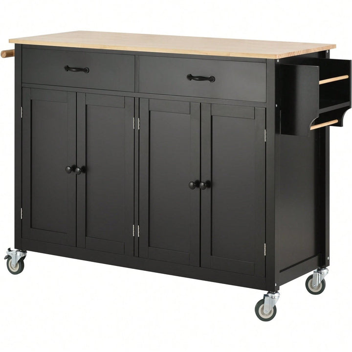 Versatile Kitchen Island Cart With Solid Wood Top, Locking Wheels, Ample Storage, And Convenient Accessories In Black Image 1