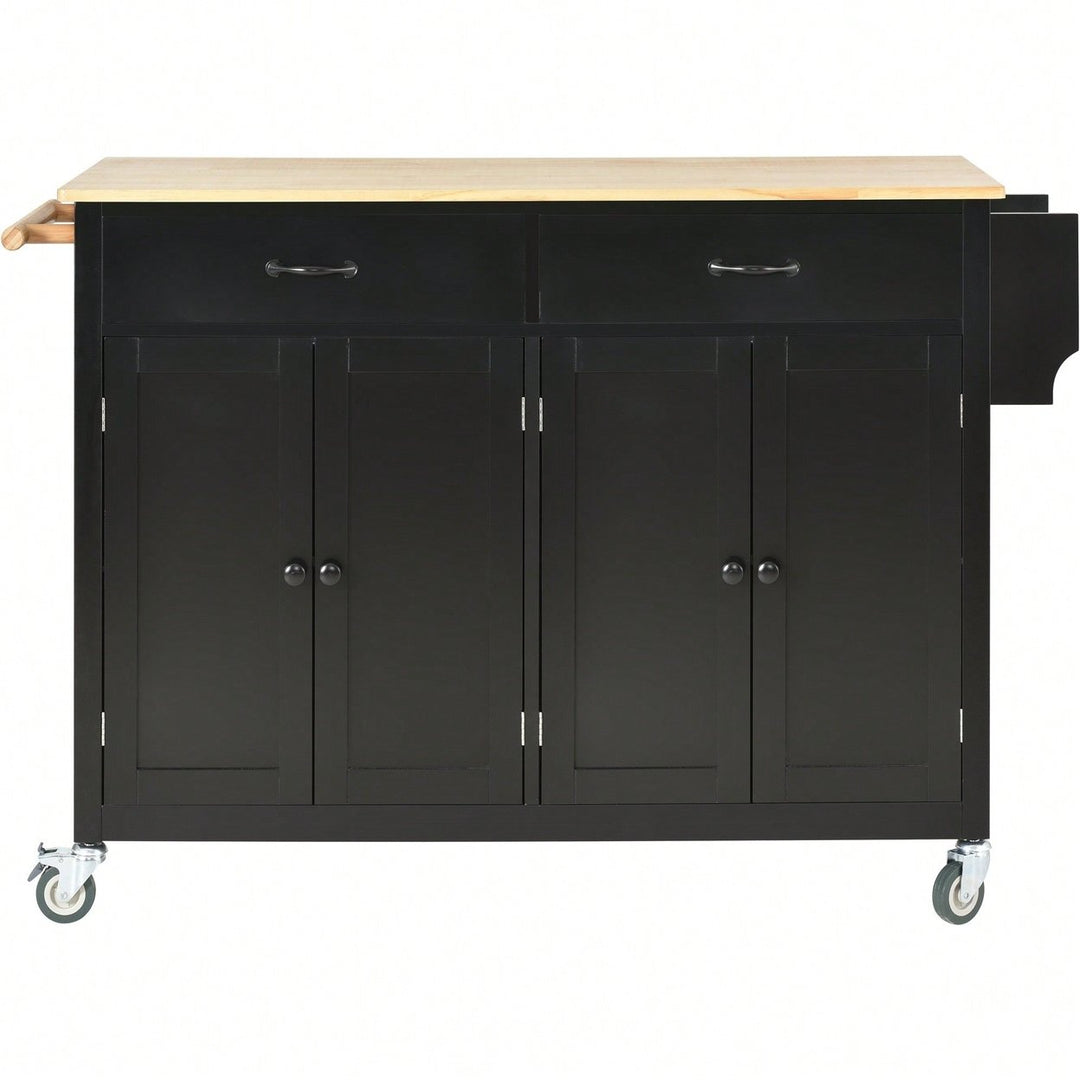 Versatile Kitchen Island Cart With Solid Wood Top, Locking Wheels, Ample Storage, And Convenient Accessories In Black Image 2