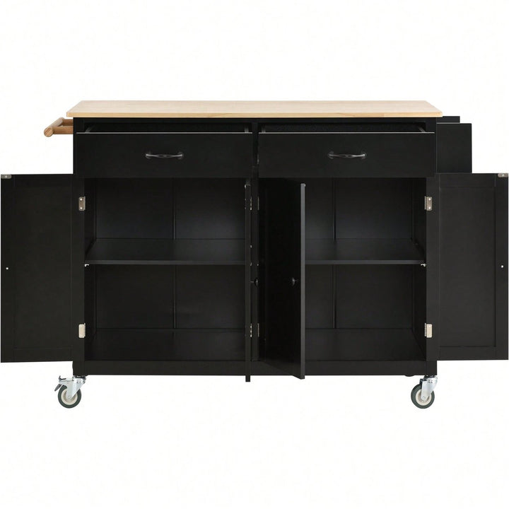 Versatile Kitchen Island Cart With Solid Wood Top, Locking Wheels, Ample Storage, And Convenient Accessories In Black Image 3