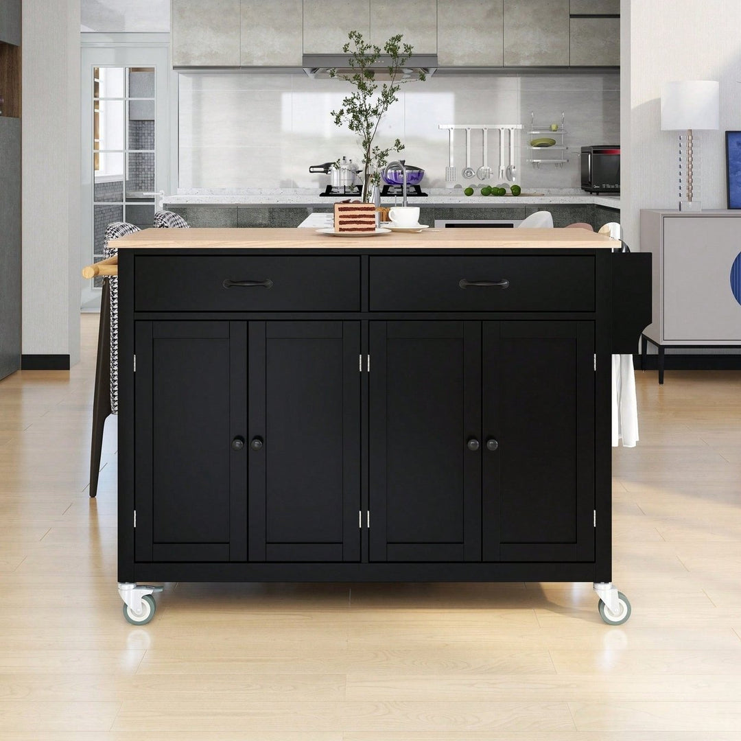 Versatile Kitchen Island Cart With Solid Wood Top, Locking Wheels, Ample Storage, And Convenient Accessories In Black Image 5