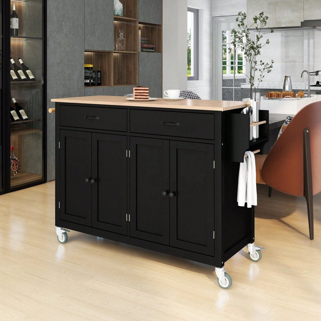 Versatile Kitchen Island Cart With Solid Wood Top, Locking Wheels, Ample Storage, And Convenient Accessories In Black Image 6