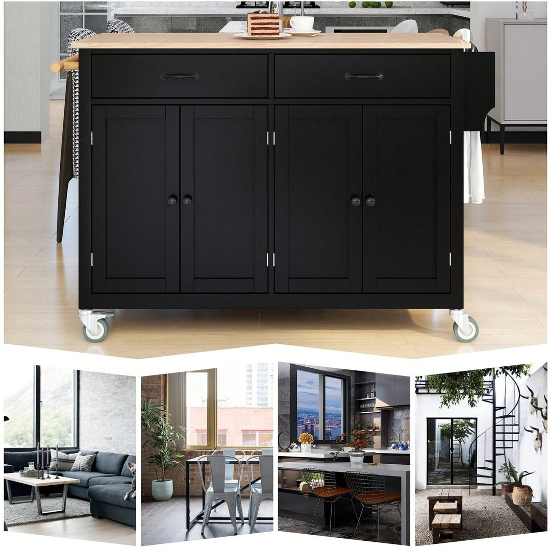 Versatile Kitchen Island Cart With Solid Wood Top, Locking Wheels, Ample Storage, And Convenient Accessories In Black Image 7