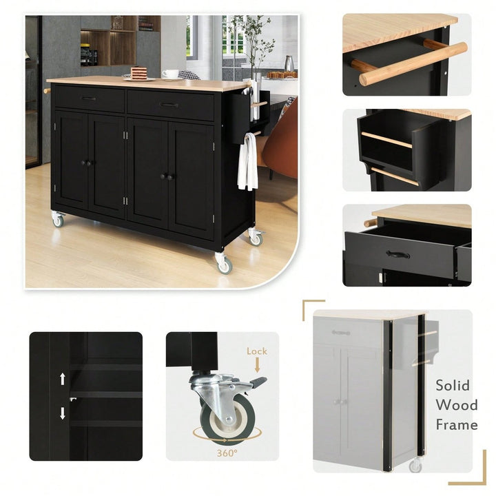 Versatile Kitchen Island Cart With Solid Wood Top, Locking Wheels, Ample Storage, And Convenient Accessories In Black Image 8