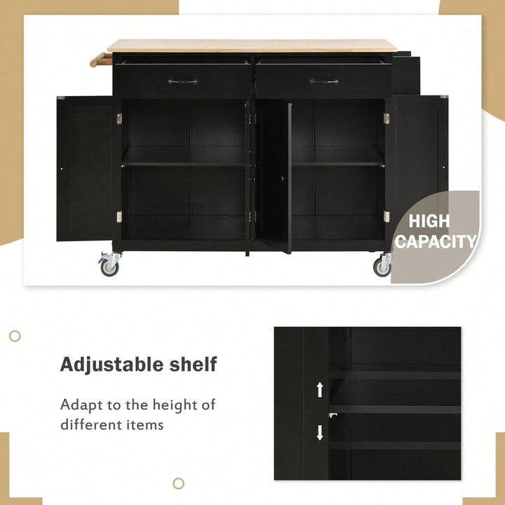 Versatile Kitchen Island Cart With Solid Wood Top, Locking Wheels, Ample Storage, And Convenient Accessories In Black Image 9