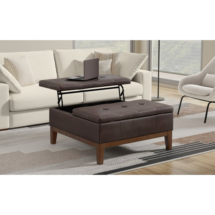 Dover Lift Top Coffee Table Storage Ottoman Distressed Vegan Leather Tufted Image 3