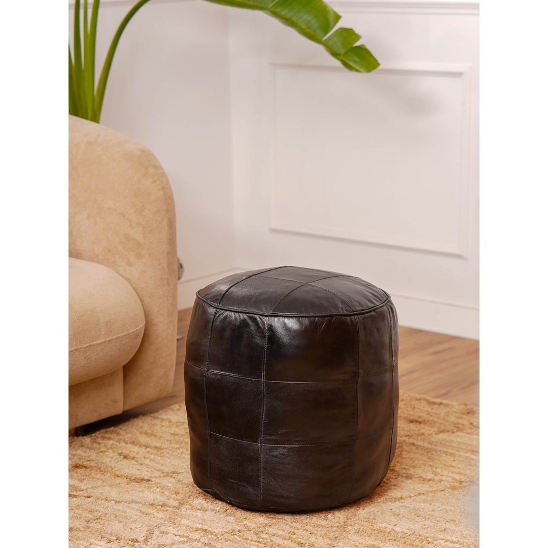 HANDMADE ECO-FRIENDLY ROUND SHAPED STUFFED LEATHER BLACK POUF Image 1