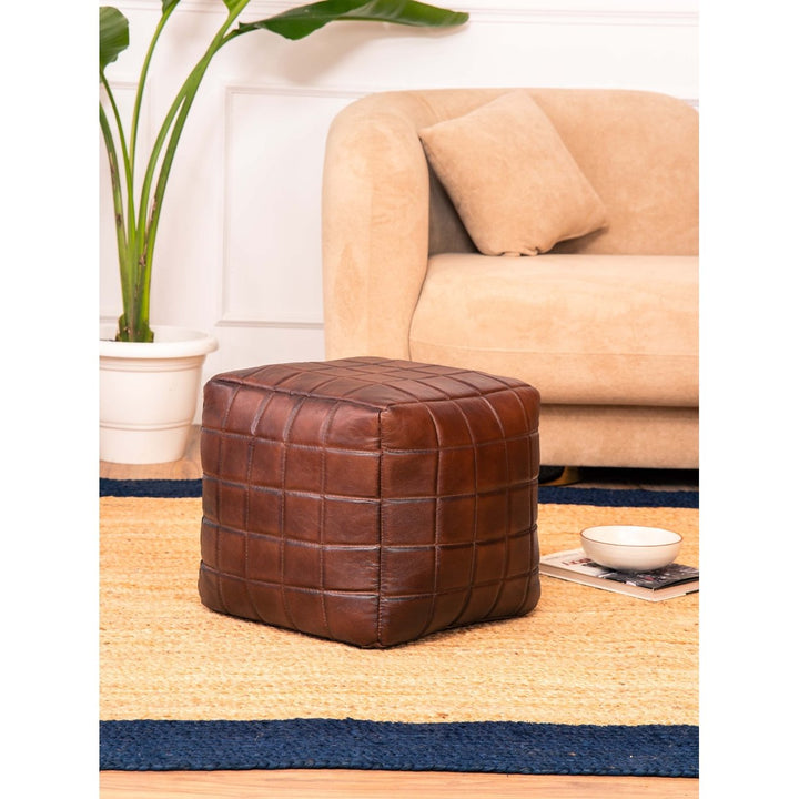 HANDMADE ECO-FRIENDLY SQUARE SHAPED STUFFED GOAT LEATHER BROWN POUF Image 1