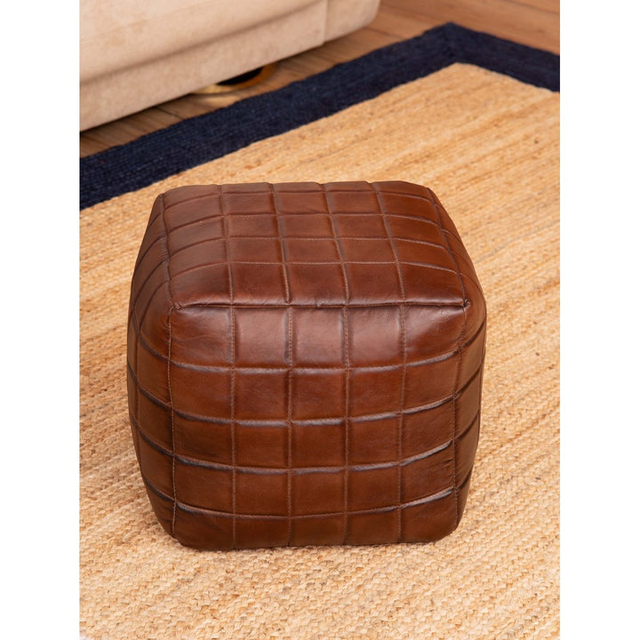 HANDMADE ECO-FRIENDLY SQUARE SHAPED STUFFED GOAT LEATHER BROWN POUF Image 2