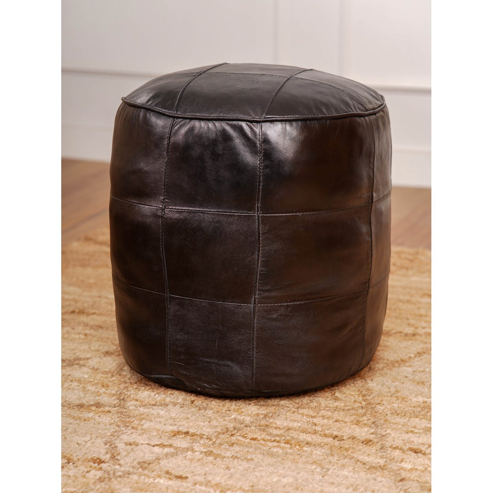 HANDMADE ECO-FRIENDLY ROUND SHAPED STUFFED LEATHER BLACK POUF Image 2