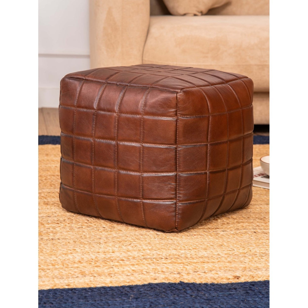 HANDMADE ECO-FRIENDLY SQUARE SHAPED STUFFED GOAT LEATHER BROWN POUF Image 3