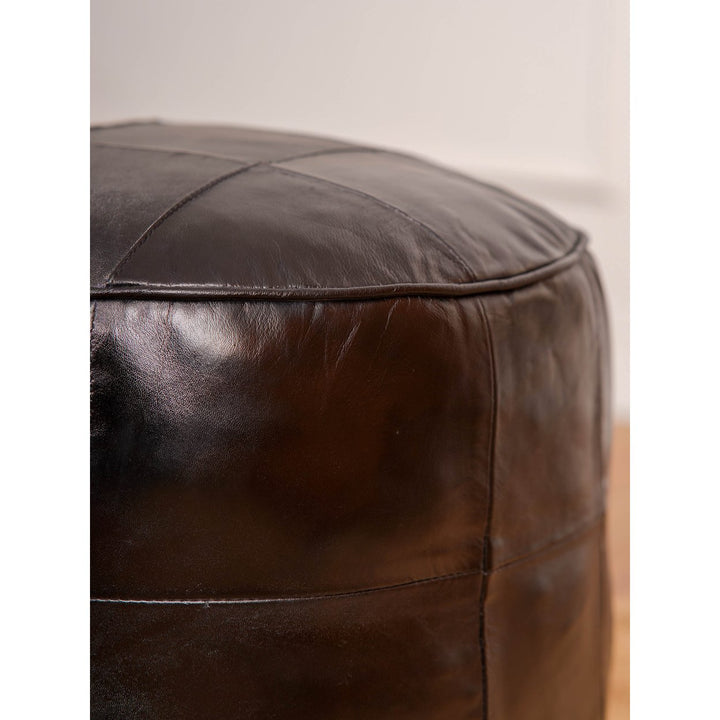 HANDMADE ECO-FRIENDLY ROUND SHAPED STUFFED LEATHER BLACK POUF Image 3