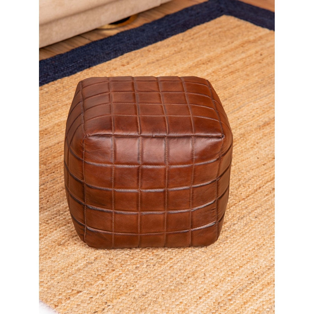 HANDMADE ECO-FRIENDLY SQUARE SHAPED STUFFED GOAT LEATHER BROWN POUF Image 4